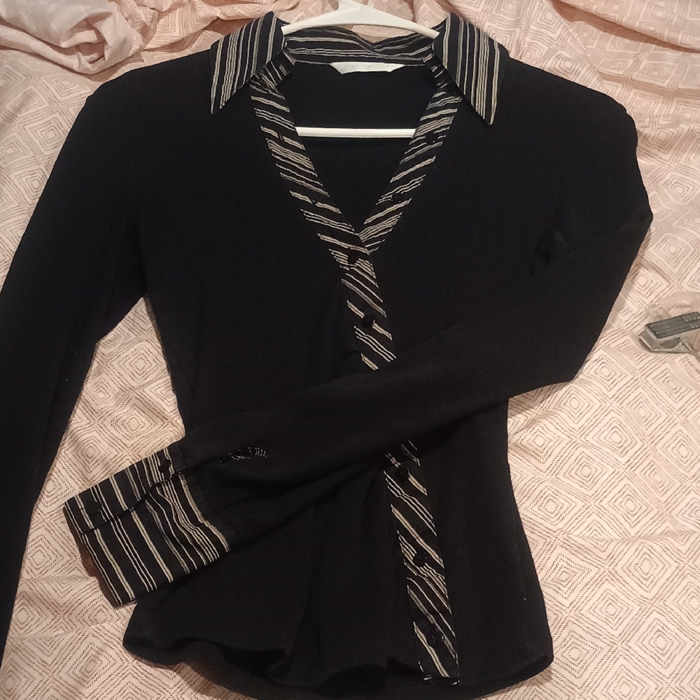 Promod Black Top with White Stripe Collar